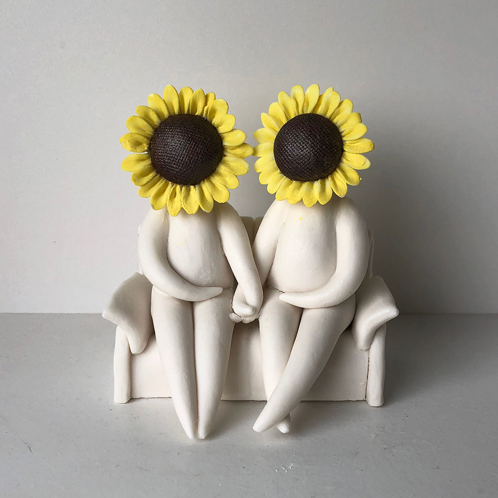 Mr and Mrs Sunflower - ceramic flower sculpture figurine